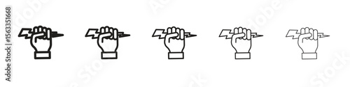 Hand with Power icon symbol in thin line, Black outline and stroke style