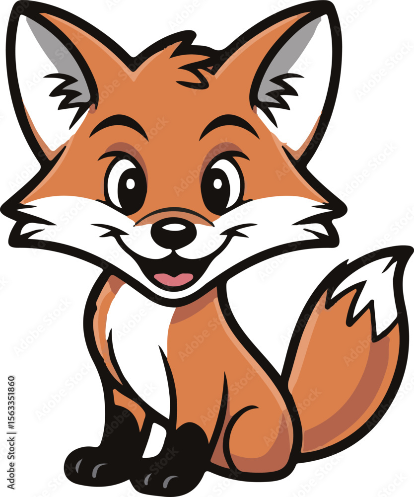 Fototapeta premium Adorable cartoon fox with orange fur white chest and black paws animal cute