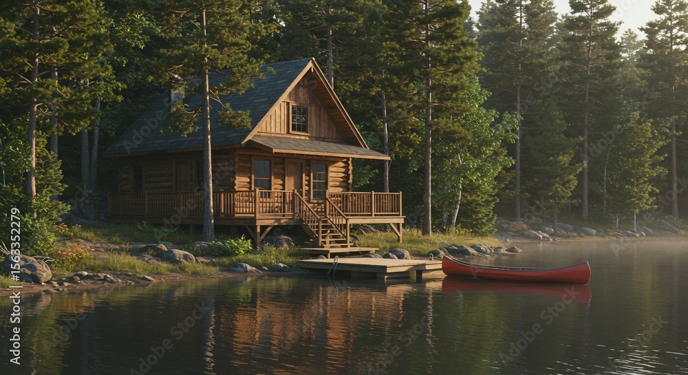 Obraz premium Lakeside Log Cabin Retreat with Red Canoe and Misty Reflections at Dawn