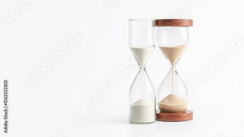 A transparent hourglass on a white background symbolizes the inexorable passage of time. The minimalist composition is suitable for the concepts of urgency and deadlines.