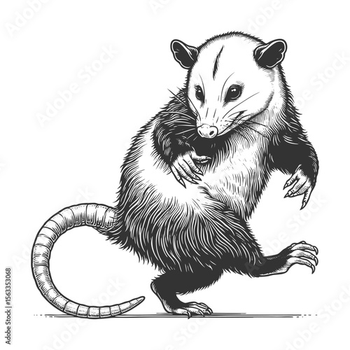 Dancing Opossum sketch engraving generative ai fictional character vector illustration. Scratch board imitation. Black and white image.
