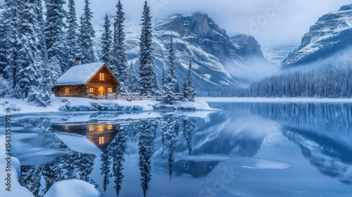 Fototapeta Naklejka Na Ścianę i Meble -  Cozy cabin on a snowy lake shore, reflecting in still, icy water, surrounded by towering mountains and evergreen trees