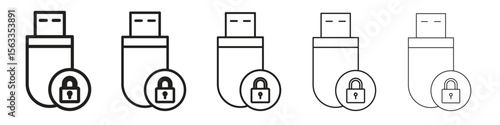 Pendrive security icon symbol in thin line, Black outline and stroke style