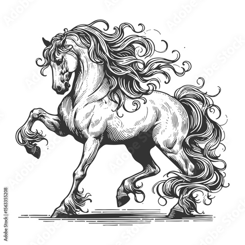 horse with a long, flowing mane and tail, captured mid-stride in dynamic motion sketch engraving generative ai vector illustration. Scratch board imitation. Black and white image.