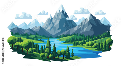 Vibrant Low Poly Landscape Illustration Featuring Majestic Mountains, Lush Forests, and Serene Blue River