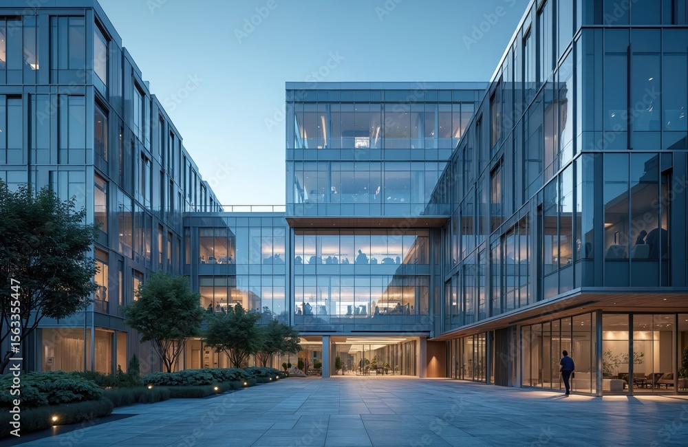 Modern office building sustainable architecture in urban setting. Glass facade reflects city views. Clean lines, transparent design, futuristic exterior for corporate business, finance, technology Modern office building sustainable architecture in urban setting. Glass facade reflects city views. Clean lines, transparent design, futuristic exterior for corporate business, finance, technology