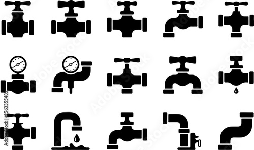 Plumbing fixtures water taps pipes pressure gauges and dripping water icons faucet