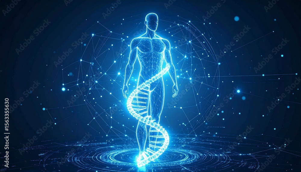 Obraz premium Glowing Human DNA Spiral Futuristic Digital Art
