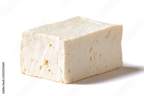 A block of white feta cheese with irregular holes sitting on a white surface with its shadow