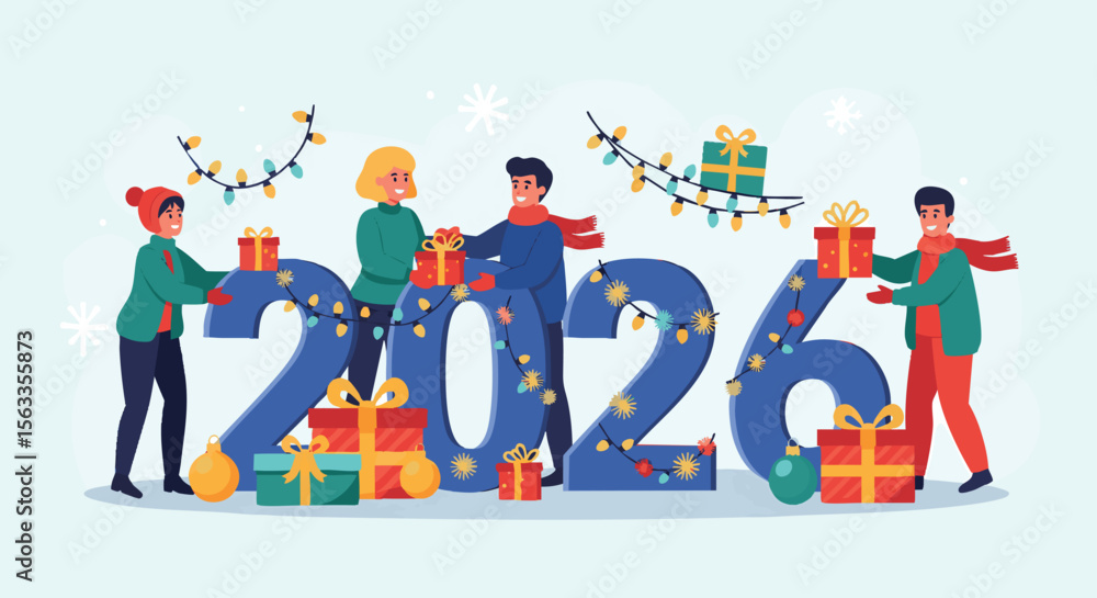 Fototapeta premium Festive People Celebrate New Year 2026, Exchanging Gifts Amidst Snow And Holiday Lights