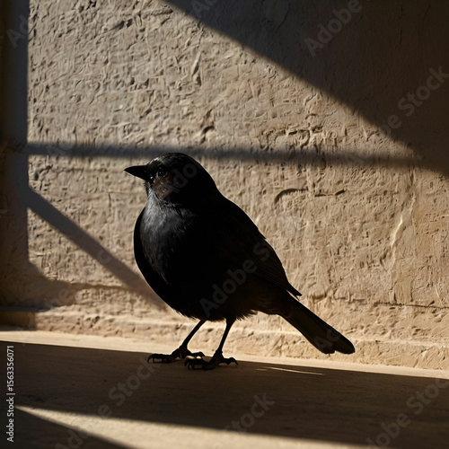 A mysterious crow casts a long shadow on cracked ground, symbolizing darkness, secrets, and silent observation under a fading light.