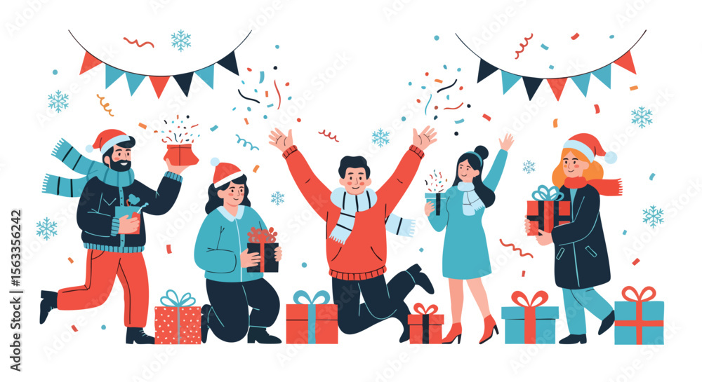 Fototapeta premium Lively Group Celebrating Winter Holidays, Exchanging Gifts Amidst Falling Snowflakes and Confetti