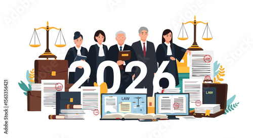 Legal Professionals Gather Amidst Justice Scales And Documents, Signifying The Year 2026