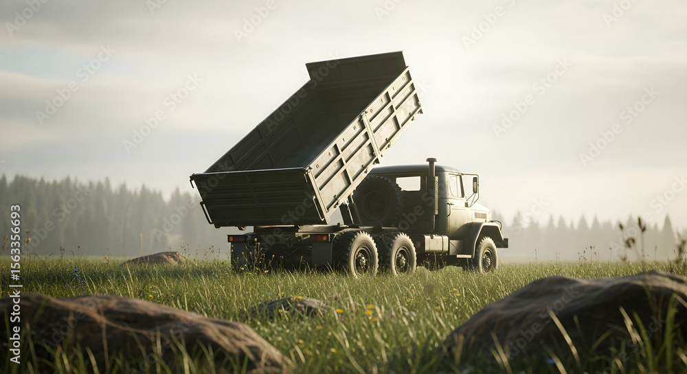 Obraz premium Military Dump Truck: Powerful Cargo Missile Delivery on a Serene Landscape