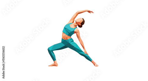 Vibrant Teal Geometric Woman Demonstrating Flexible Yoga Pose on White Background