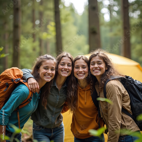 Four friends embrace nature camping in forest near tent. Young women with backpacks smile together, sharing joy. Friendship, adventure, leisure time, backpacking outdoors, traveling, trekking in