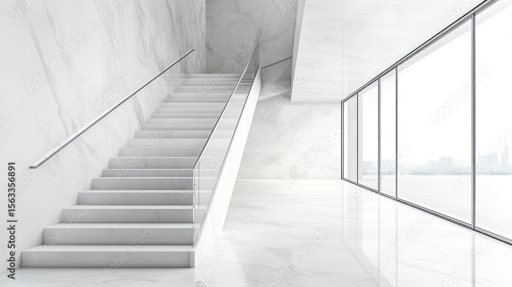 Obraz premium Modern white marble staircase in a minimalist interior. Large windows offer city views