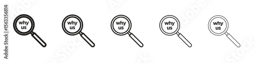Why us icon symbol in thin line, Black outline and stroke style