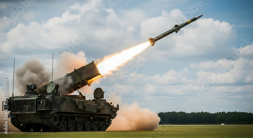 Powerful military missile launch from a mobile launcher, leaving a fiery trail and smoke against a partly cloudy sky during a strategic exercise.