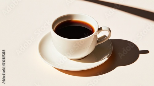 White coffee cup, dark liquid, soft light