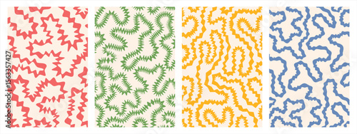 Twisted lines, curved wiggling stripes vector maze backgrounds set. Funky chaotic ornaments, groovy psychedelic patterns collection. Spiky zigzag jagged edge. Doodle hand drawn wavy winding lines