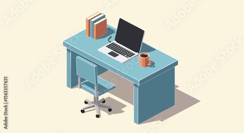 Clean Minimalist Isometric Workspace Illustration Featuring Laptop, Books, Coffee, and Blue Furniture