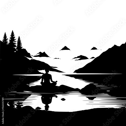 Silhouette of a person meditating at the edge of a calm mountain lake, tranquil mood