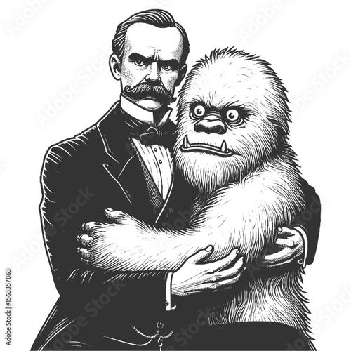 man embracing Yeti shaggy monster in a surreal, humorous scene sketch engraving generative ai fictional character vector illustration. Scratch board imitation. Black and white image.