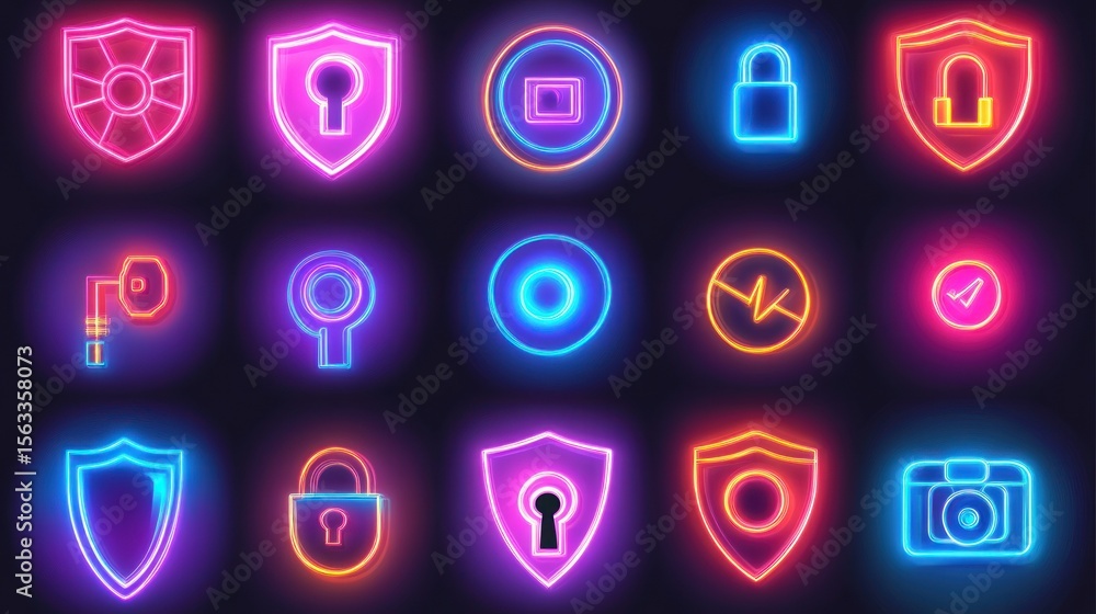 Fototapeta premium Neon-colored security icons on dark background