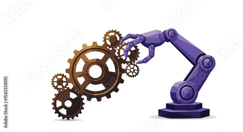 Advanced Purple Robotic Arm Manipulating Interlocking Mechanical Gears, Representing Industrial Progress and Smart Technology