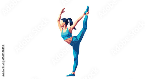 Vibrant Polygonal Artwork of a Graceful Woman Practicing Advanced Flexibility and Balance Pose