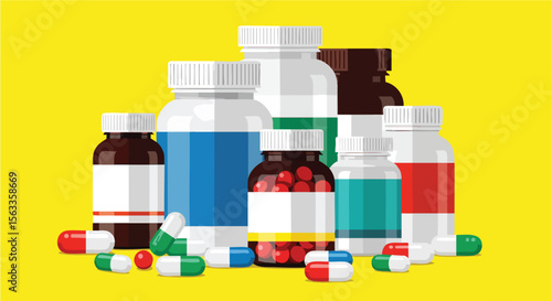Diverse Collection of Pharmaceutical Drugs in Various Bottles and Loose Capsules for Medical Use