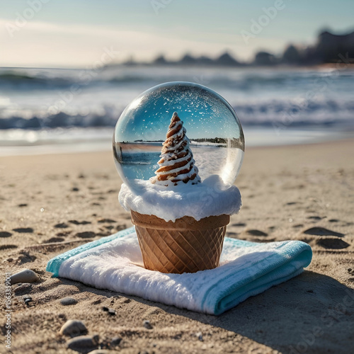 A snow globe rests on a sunny beach town or an ice cream cone balances atop fresh snow, playfully surreal contrast.