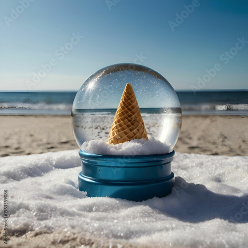 A snow globe rests on a sunny beach town or an ice cream cone balances atop fresh snow, playfully surreal contrast.