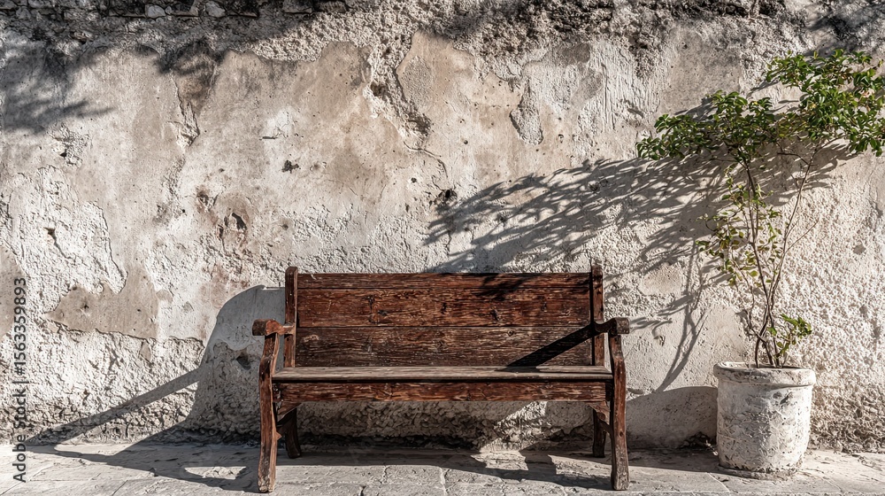 Wooden bench by wall with decorative background, rustic furniture piece for outdoor or indoor minimalist home decor Wooden bench by wall with decorative background, rustic furniture piece for outdoor or indoor minimalist home decor
