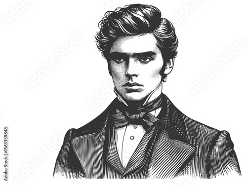 stern young man in formal Victorian attire, evoking 19th-century elegance and formality sketch engraving generative ai fictional character vector illustration. Scratch board. Black and white image.