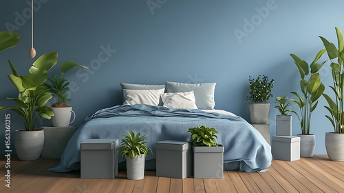 Sky blue bedroom with cozy double bed, leafy indoor plants in ceramic pots, and minimal grey boxes neatly placed on wooden flooring