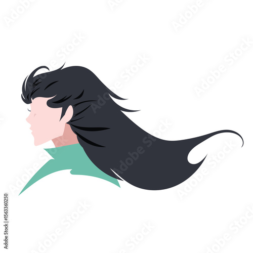 Young person from side view with long black hair blowed by the wind illustration isolated on white background.