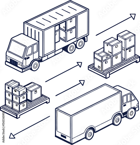 Isometric illustration showing the process of loading and unloading cargo boxes onto trucks and pallets