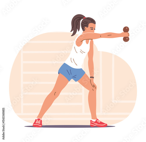 Young woman doing fitness in the gym. Girl doing exercises with dumbbells to strengthen muscles. Taking care of a beautiful figure and health. Vector illustration isolated on white background