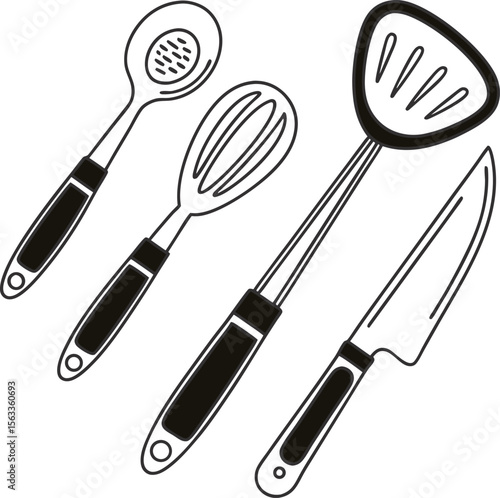 Set of four essential kitchen utensils including a slotted spoon whisk spatula and knife in a clean line art style