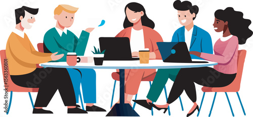 Stylized illustrations of diverse professionals engaged in collaborative meetings, highlighting teamwork, communication, and inclusivity in modern business settings