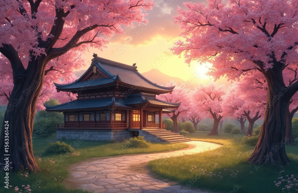 Fototapeta premium Scenic sunset cherry blossom trees landscape. Traditional Japanese house in garden. Pathway leads to pagoda. Spring blossoms, pink petals, flowers. Japan cultural architecture serenity peaceful