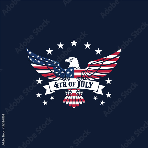American Independence Day logo with eagle and stars, 4th of July patriotic emblem, USA national holiday vector illustration.
