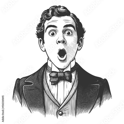 man with wide eyes and puckered lips, expressing shock or amazement in vintage attire sketch engraving generative ai fictional character vector illustration. Scratch board imitation. Black and white.