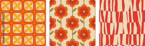 A vibrant set of three seamless vector patterns inspired by retro 60s and 70s aesthetics. This collection features vintage floral motifs, abstract geometric shapes, and wavy stripe illusions
