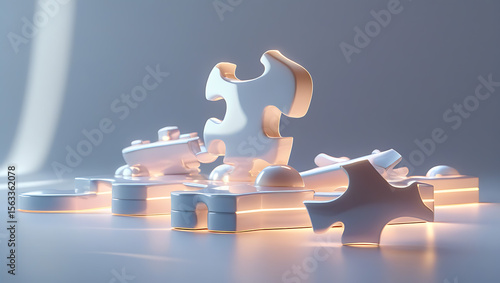 Glowing 3D Puzzle Pieces of Varying Shapes Interlocking in a Futuristic Digital Space