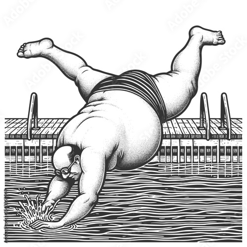 large man mid-dive into a swimming pool sketch engraving generative ai fictional character vector illustration. Scratch board imitation. Black and white image.