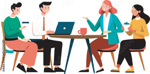 Stylized illustrations of diverse professionals engaged in collaborative meetings, highlighting teamwork, communication, and inclusivity in modern business settings