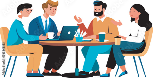 Stylized illustrations of diverse professionals engaged in collaborative meetings, highlighting teamwork, communication, and inclusivity in modern business settings